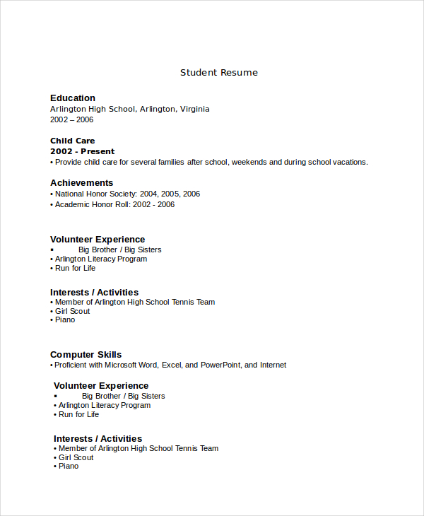 high school student resume no experience