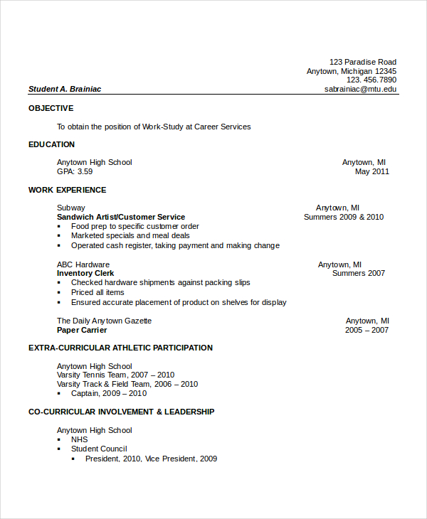 Sample Resume Format For High School Graduate With No Experience Free 