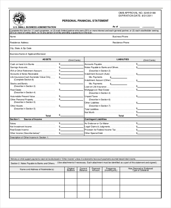 Personal Financial Statement 9 Free Excel PDF Documents Download