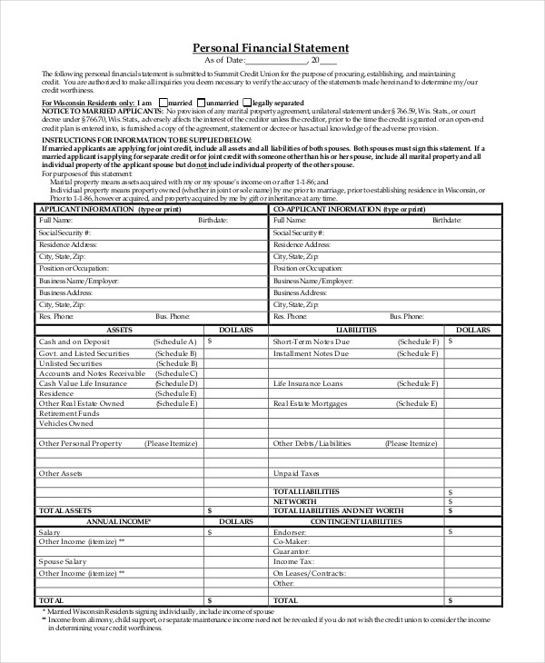 personal financial statement template excel