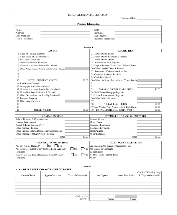 blank personal financial statement