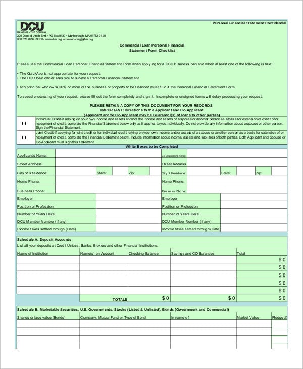 commercial loan personal financial statement form