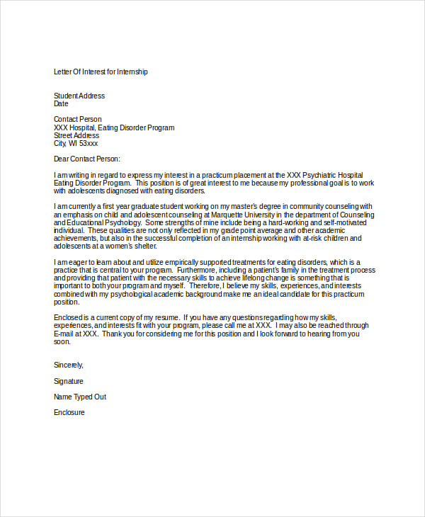 letter of interest for internship sample