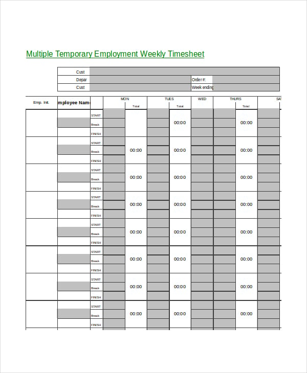 multiple temporary employment weekly timesheet