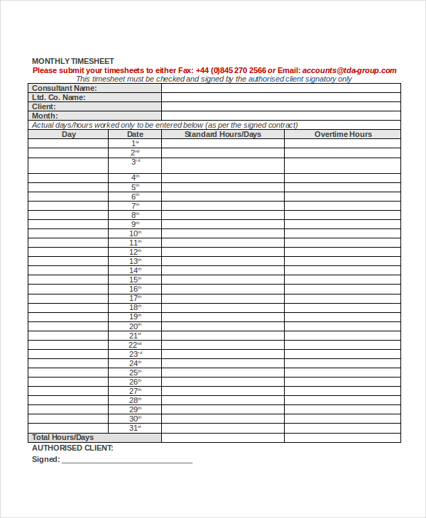 monthly timesheet template