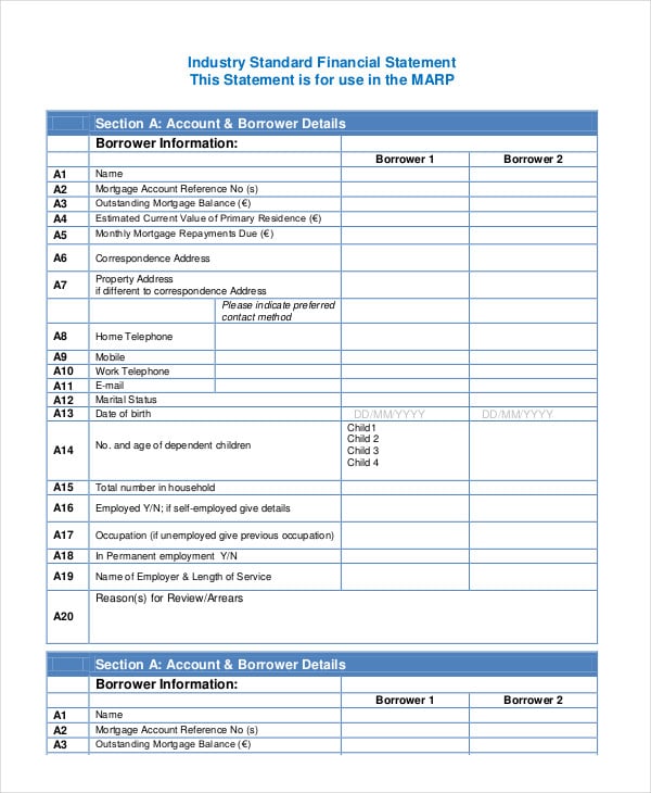 industry standard financial statement template