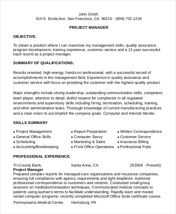 functional resume for project manager