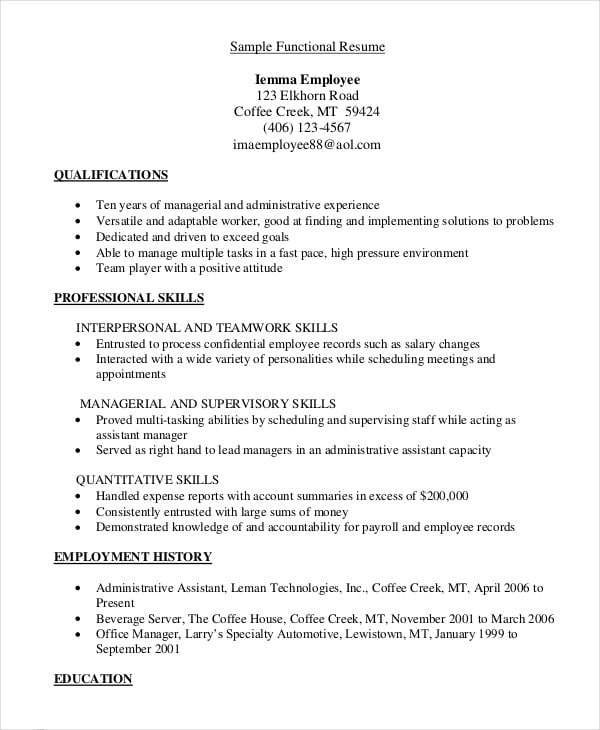 sample employee functional resume