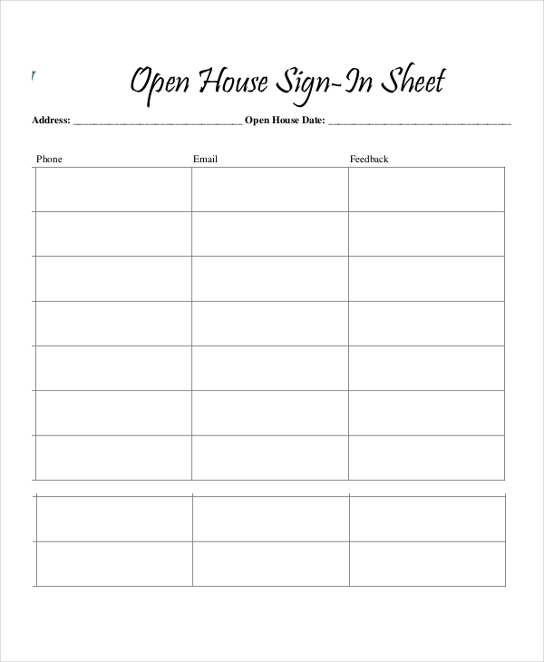 Open House Sign In Sheet Free Printable