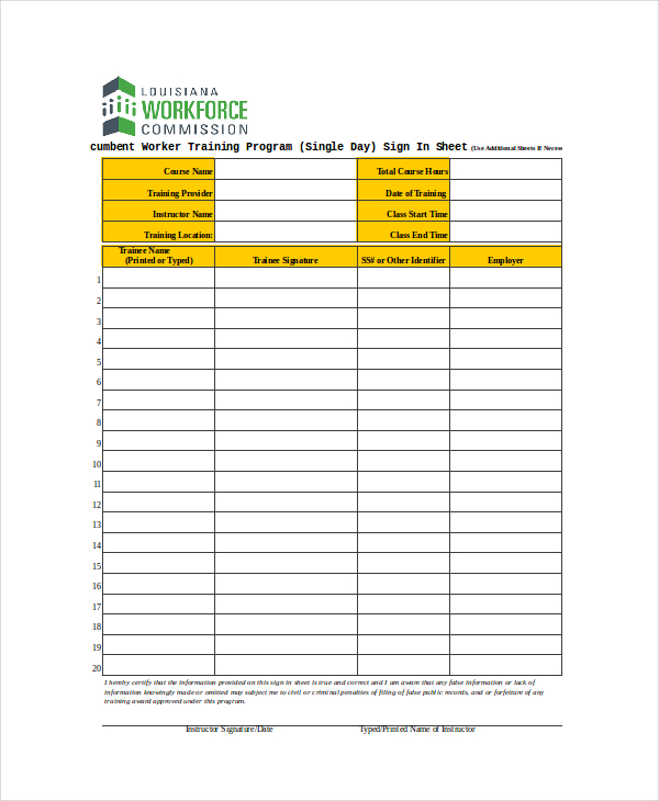 single day sign in sheet template