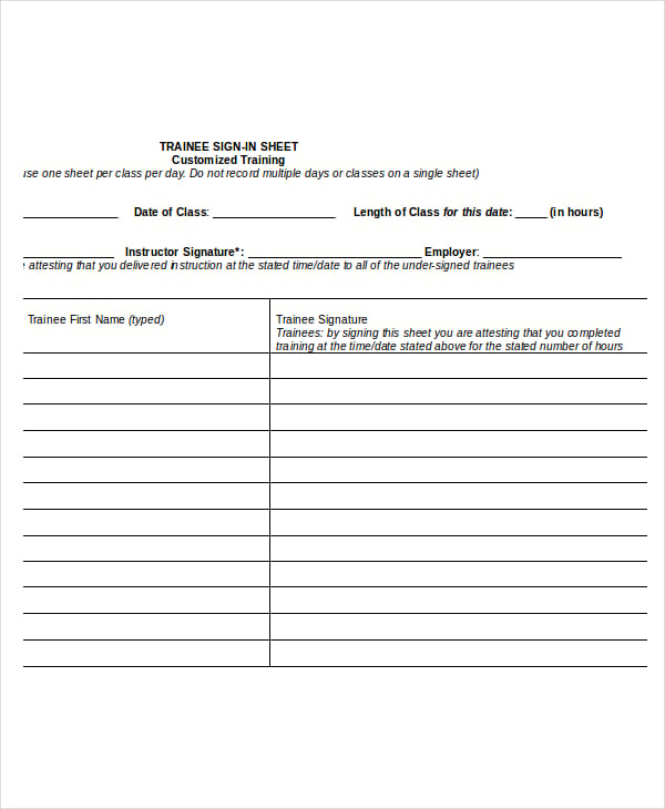 trainee sign in sheet template