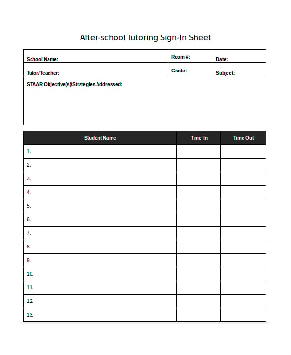 tutoring sign in sheet template