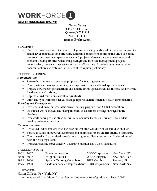 Simple Functional Resume Sample 1051