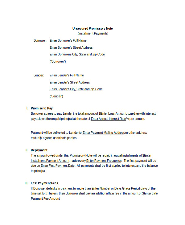 unsecured promissory note template