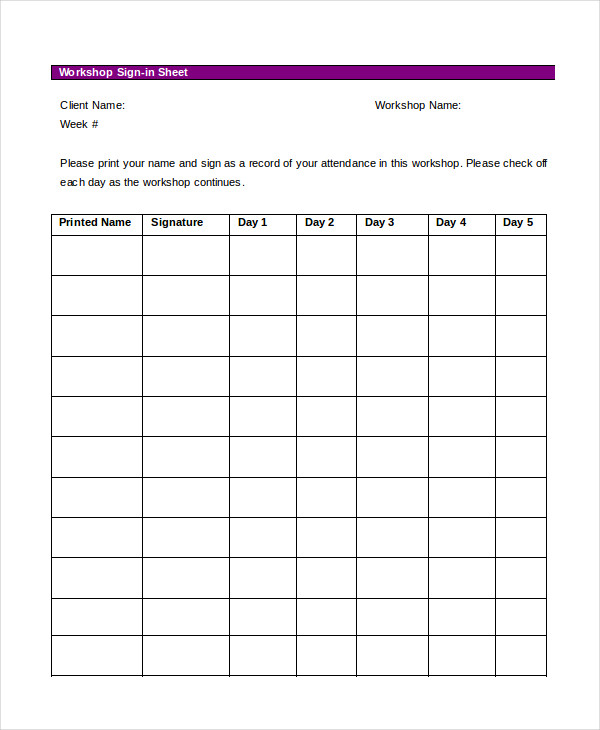 workshop sign in sheet