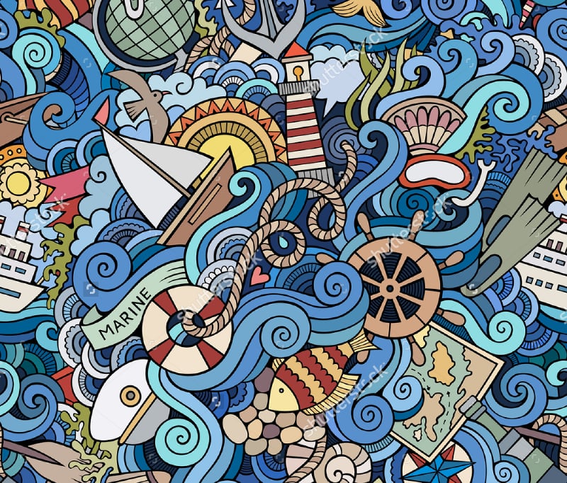 marine style doodles seamless pattern