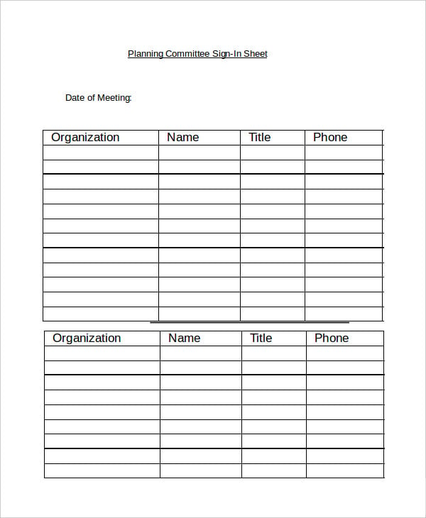 planning committee sign in sheet