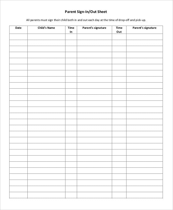parent sign in out sheet