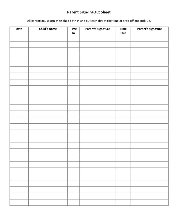 parent sign in out sheet