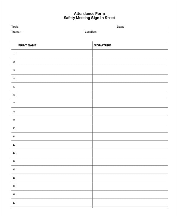 attendance form safety meeting sign in sheet