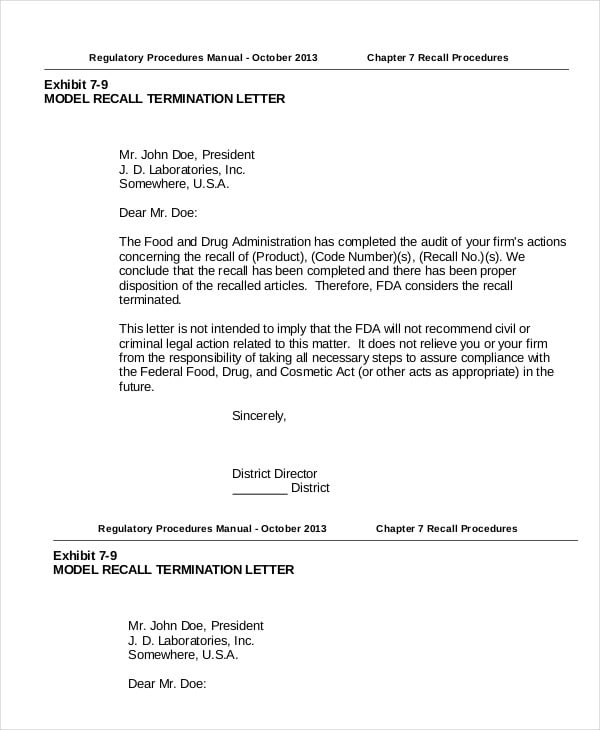 model recall termination letter