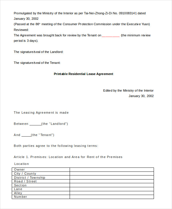 18+ Printable Residential Lease Agreements - Word, PDF