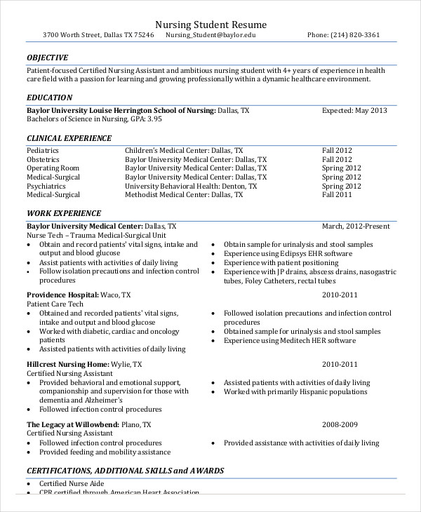 sample nursing student resume