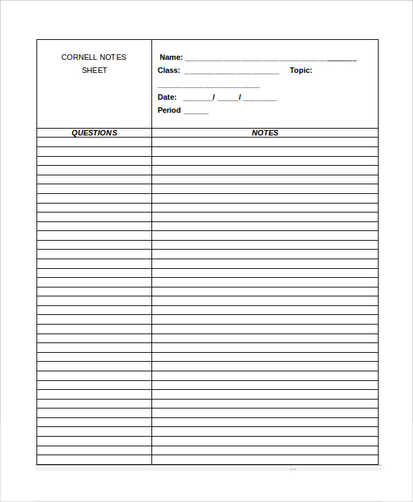 cornell notes sheet template