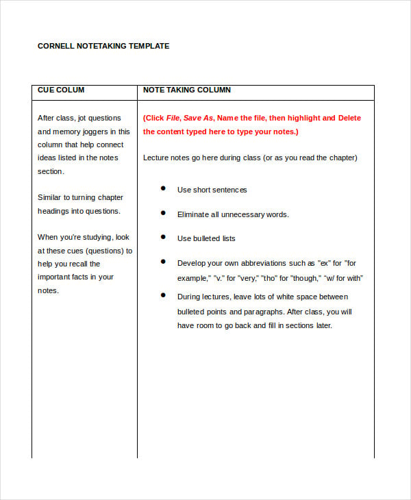 cornell note taking template