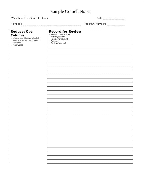Cornell Notes Template Word Document