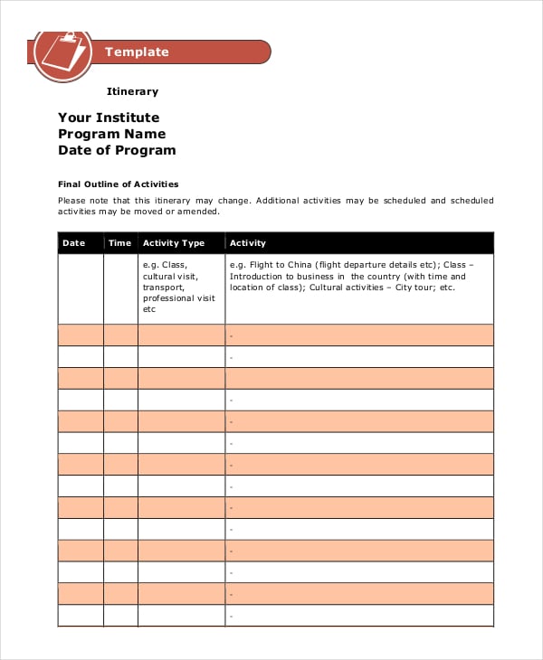 sample activity itinerary template