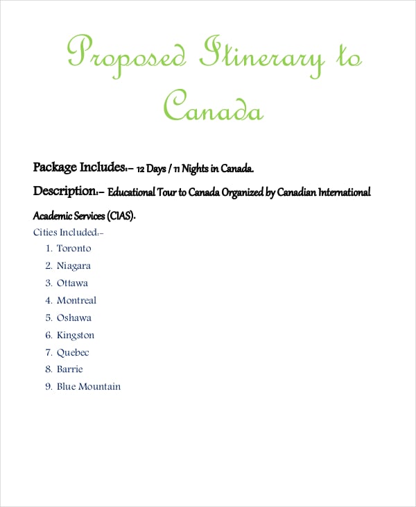 sample vacation itinerary template