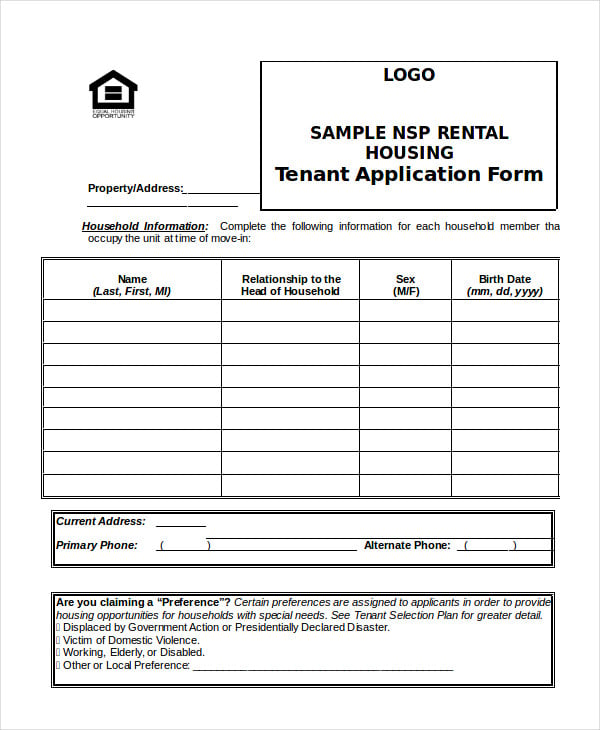 sample rental housing tenant application form