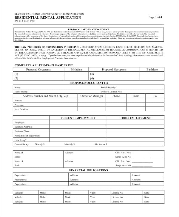 residential rental application form