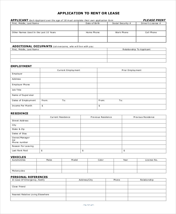 Rental Application Form - 9+ Free Sample, Example, Format