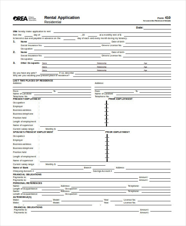 standard rental application form