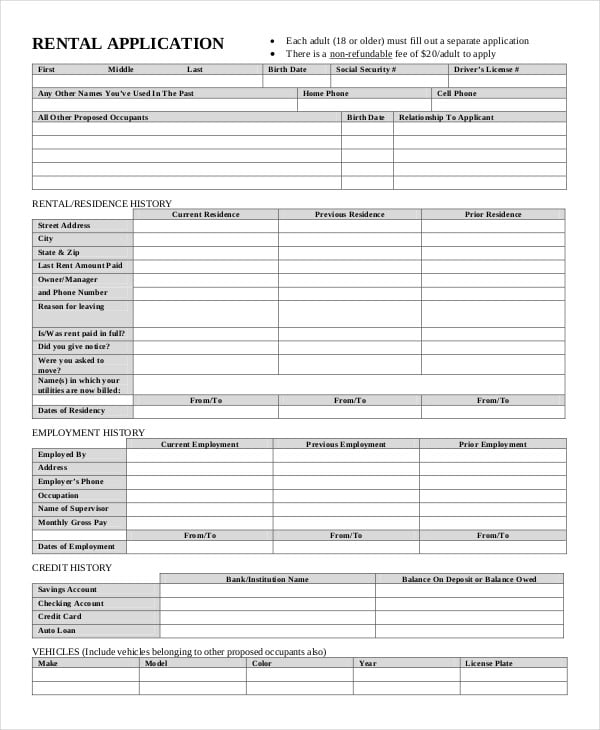 landlord rental application form