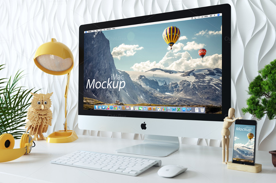 minimalist workspace mockup with imac iphone