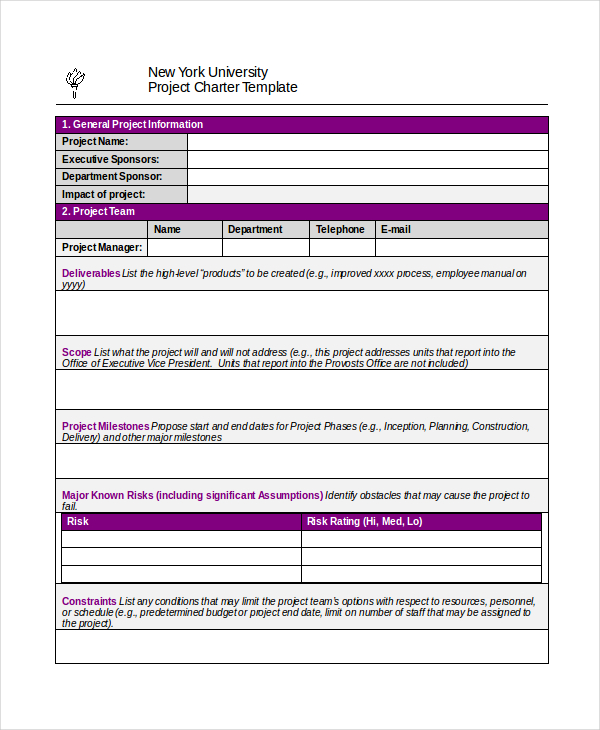 blank project charter template