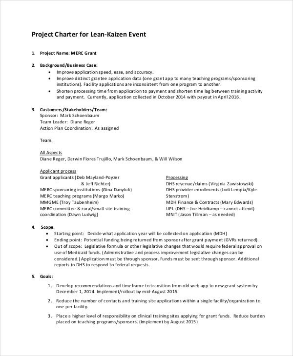 lean project charter template