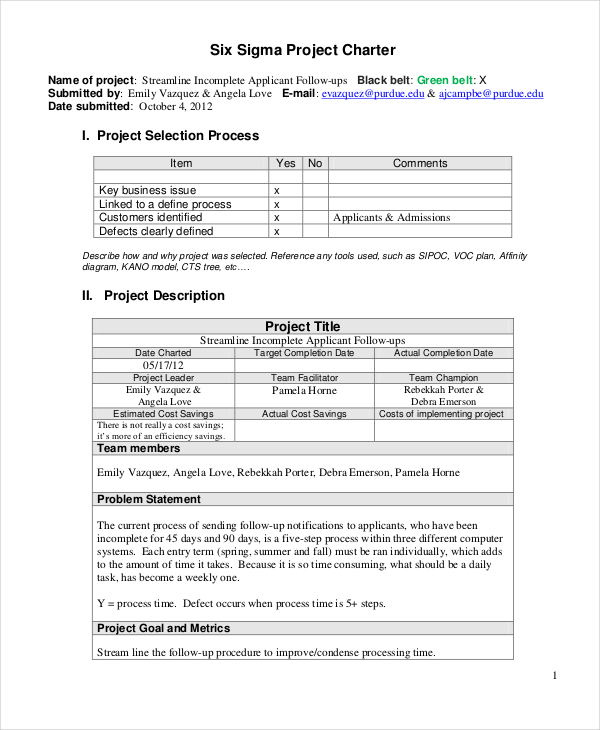 six sigma project charter template