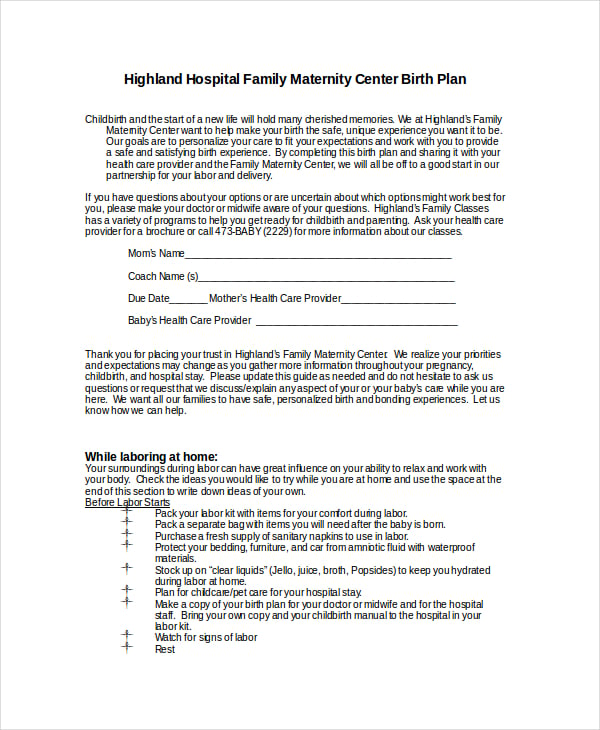 printable hospital birth plan template