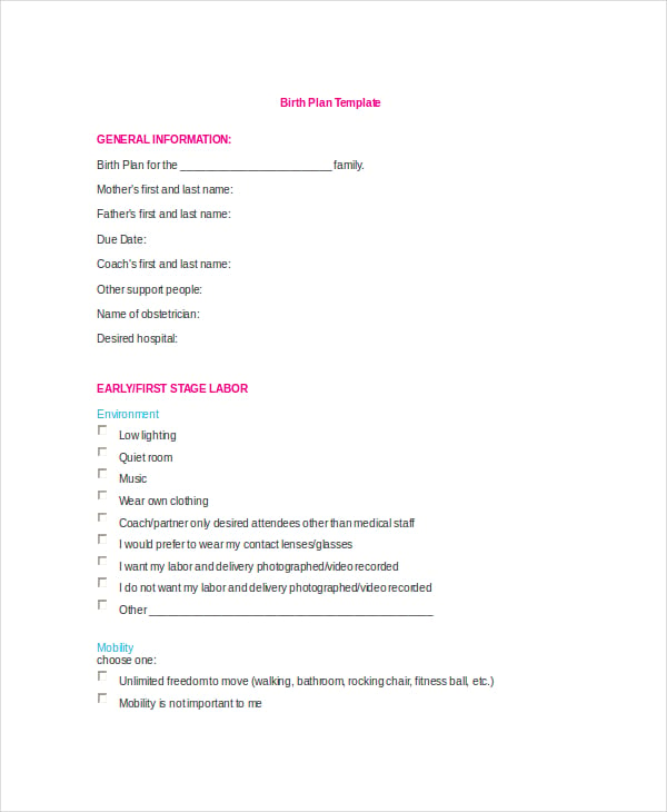 printable birth plan template doc