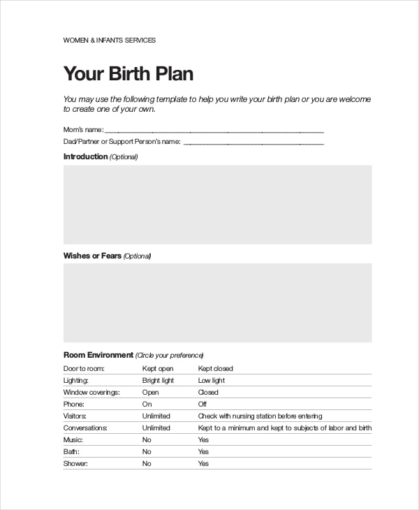 women birth plan template