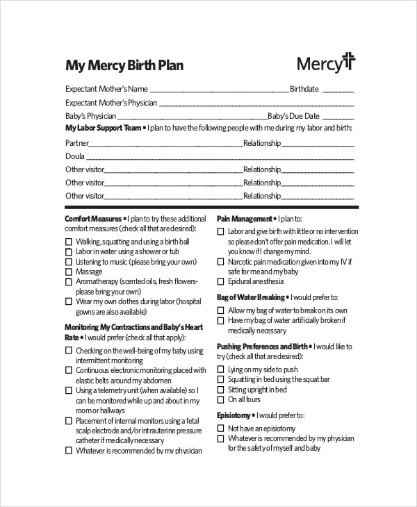 printable mercy birth plan template