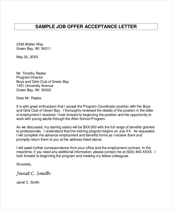 sample job offer acceptance letter