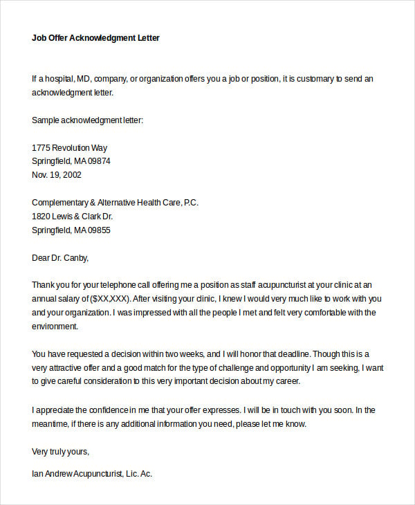 job offer acknowledgment letter