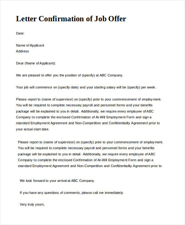 letter confirmation of job offer