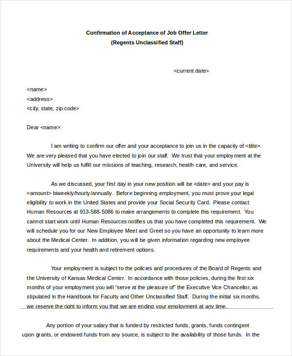 confirmation of acceptance of job offer letter