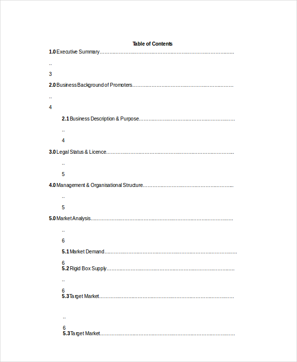 business plan template table of contents